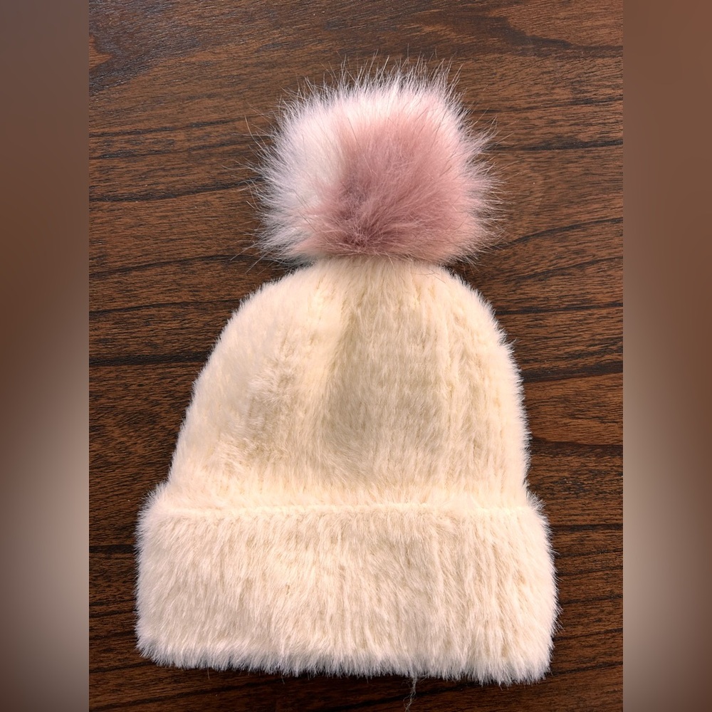 Kids Cream Faux Fur Pom Beanie with Pink Pom